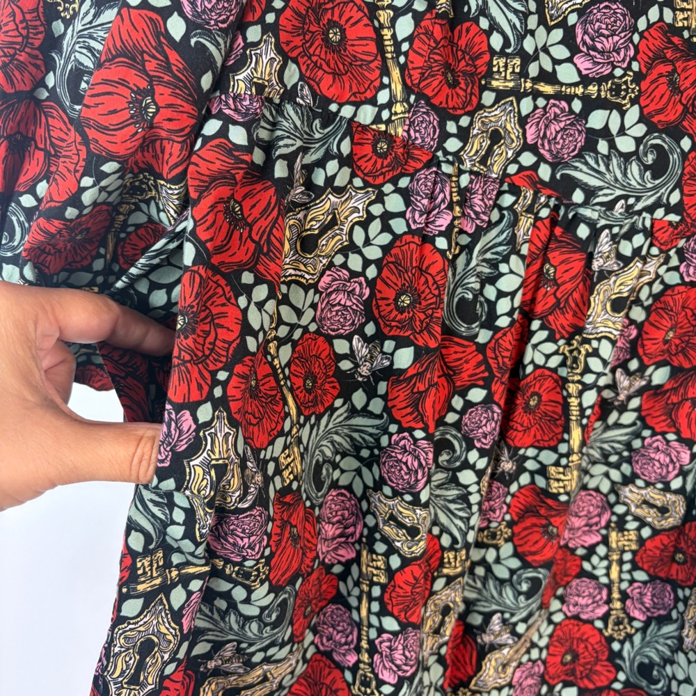 Joanie Midi Dress Women 10 Black Red Floral Key Print Square Neck Puff Sleeve - Picture 4 of 9
